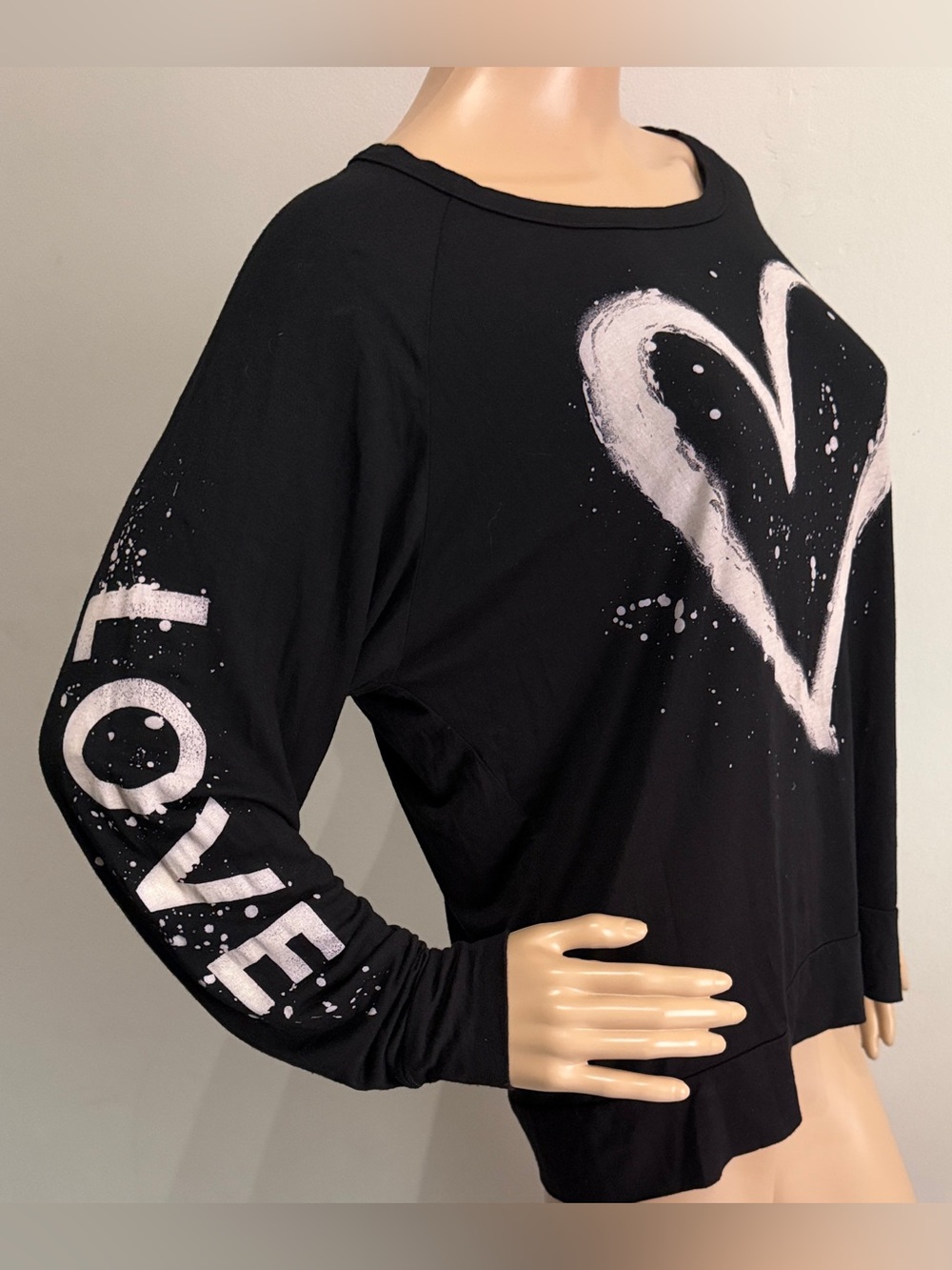 Bird & Vine Pima Cotton Heart Graphic LOVE Sleeve Long Sleeve Tee Black